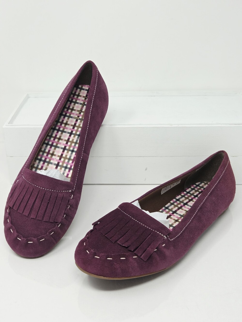 Lands' End Women's 8 Purple Suede Moccasin Flats Leather Fringe Tassel Slip On
